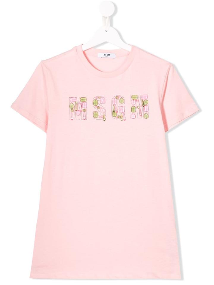 Msgm Kids Crystal Embellished Logo T-shirt - Pink