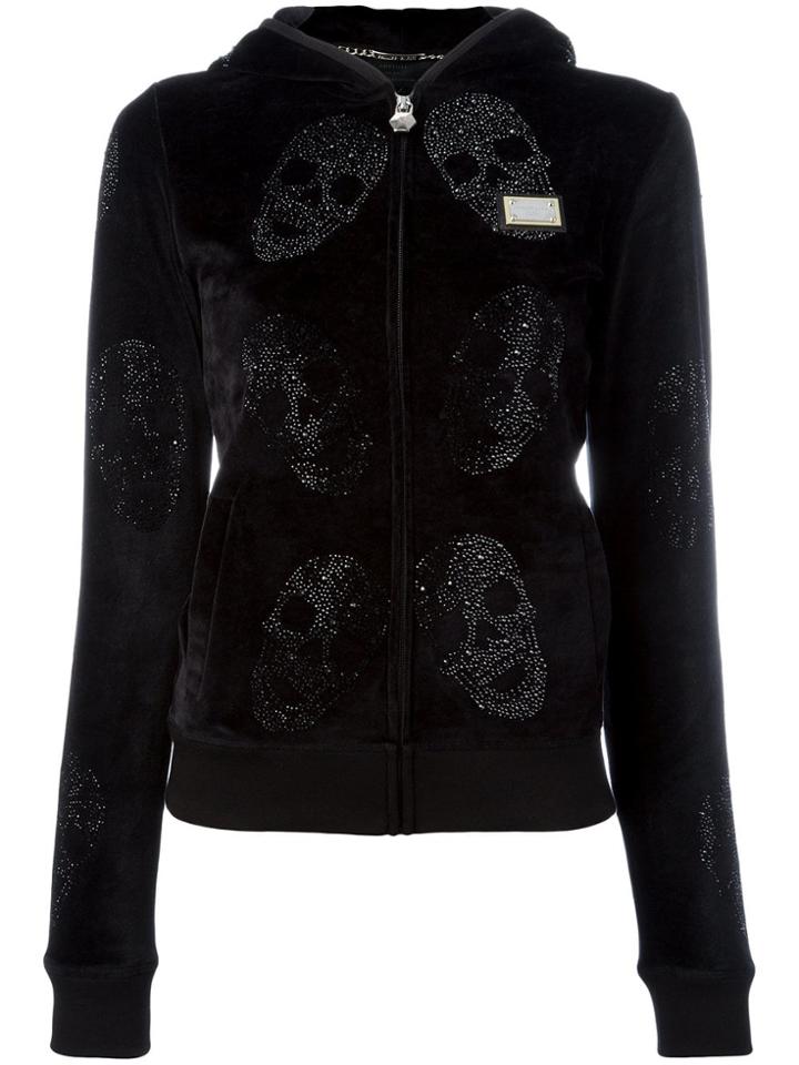 Philipp Plein Velour Crystal Skull Print Hoodie - Black