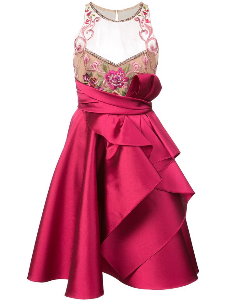 Marchesa Notte Embroidered Halterneck Ruffled Dress