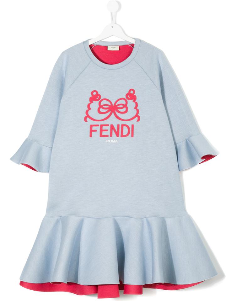 Fendi Kids Textured Print Ruffled Dress - Blue