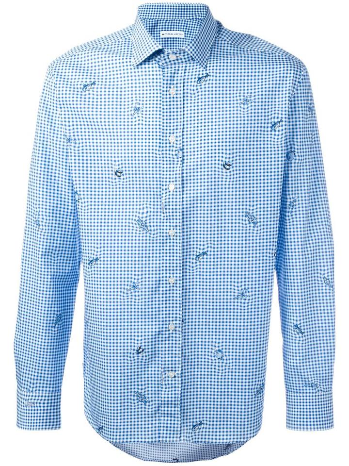 Etro Fish Print Checked Shirt, Men's, Size: 39, Blue, Cotton