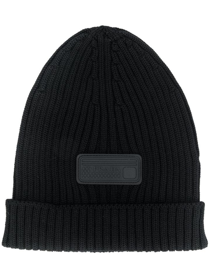 Prada Ribbed Logo Beanie - Black