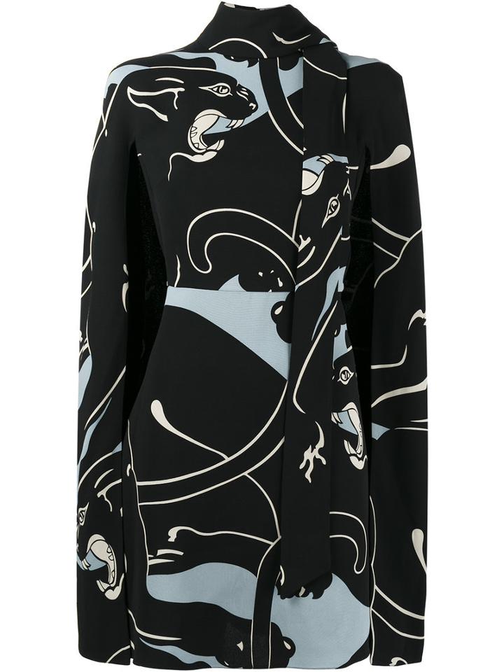 Valentino - Panther Print Cape-style Dress - Women - Silk - 38, Black, Silk