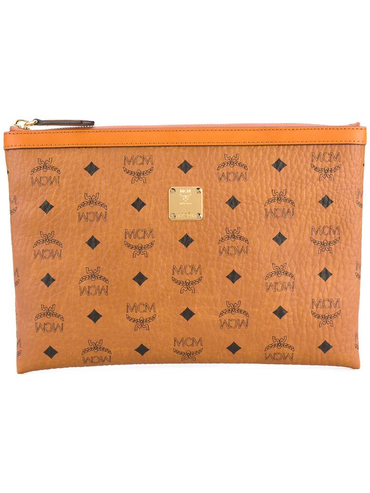 Mcm Printed Zipped Pouch, Women's, Brown, Calf Leather