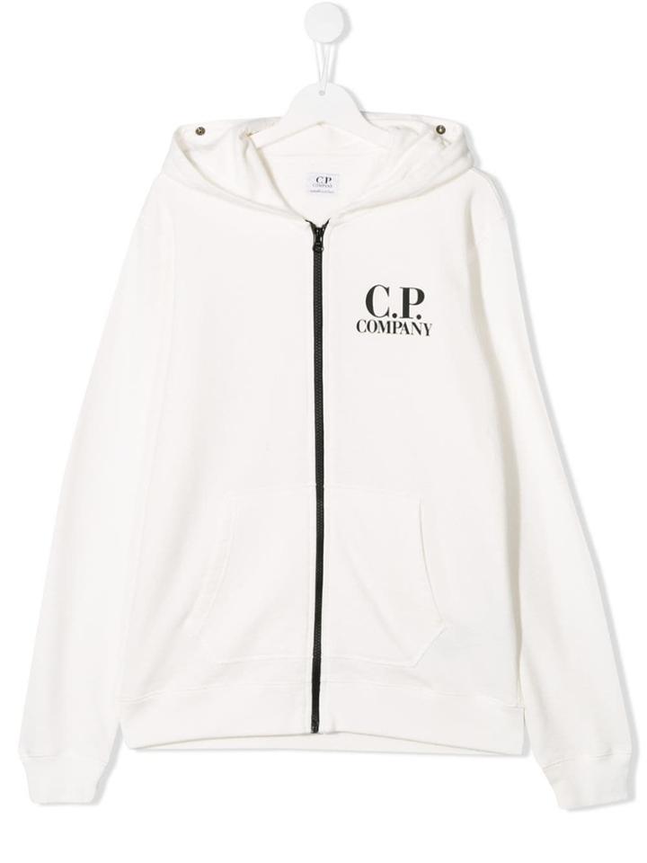 Cp Company Kids Logo Print Zipped Hoodie - White