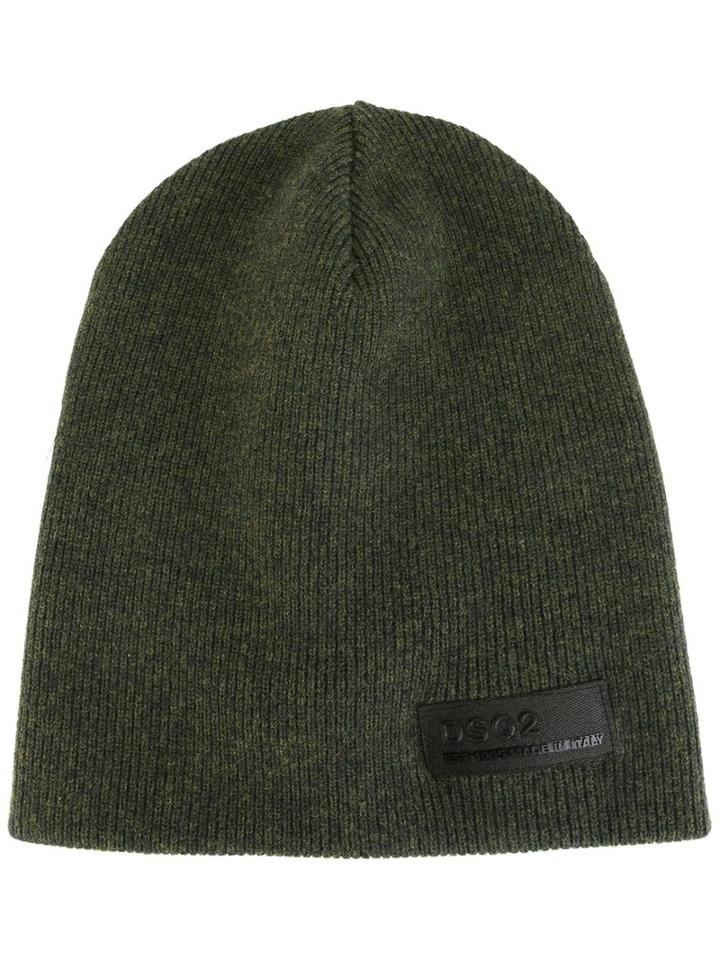 Dsquared2 Ribbed Knit Patch Hat, Men's, Green, Wool