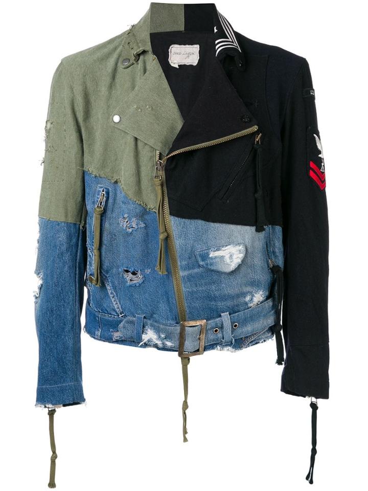 Greg Lauren Contrast Panel Destroyed Denim Jacket - Green