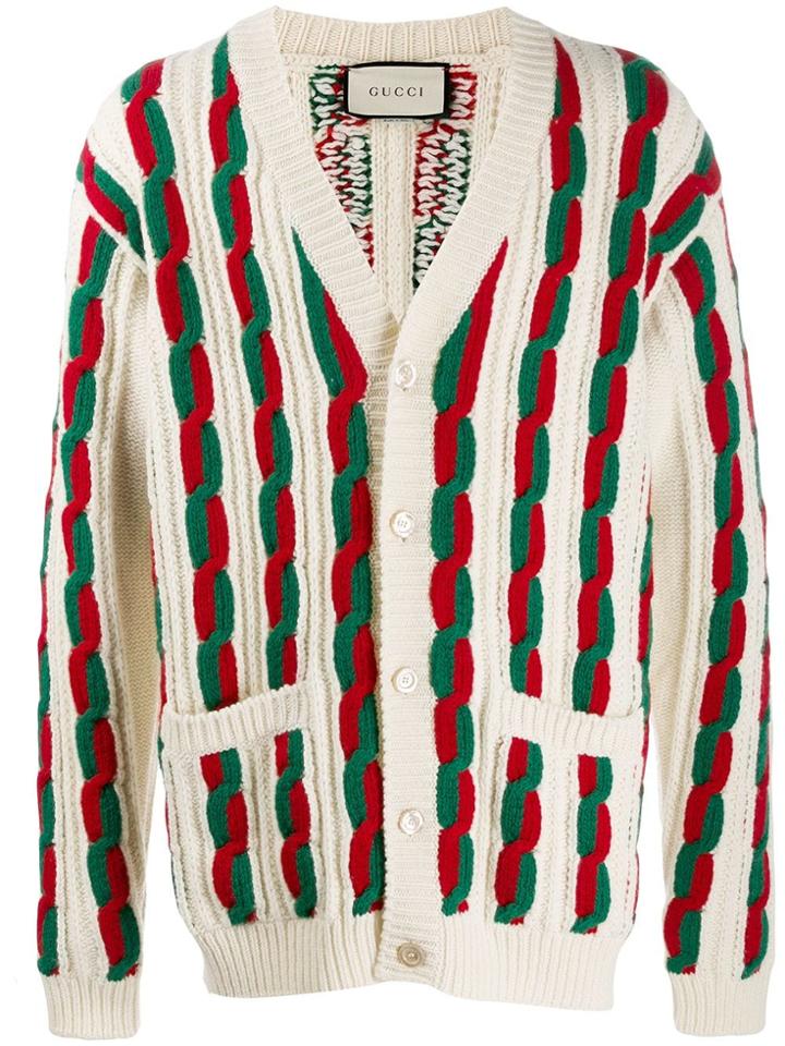 Gucci Web Stripe Cable Knit Cardigan - Neutrals