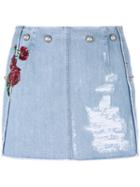 Dolce & Gabbana Sequin Flower Denim Skirt, Women's, Size: 38, Blue, Cotton/silk/spandex/elastane