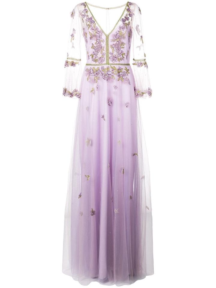 Marchesa Notte Floral Applique Evening Dress - Purple
