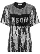 Msgm Sequin Logo T-shirt, Women's, Size: 40, Black, Polyester/polyamide
