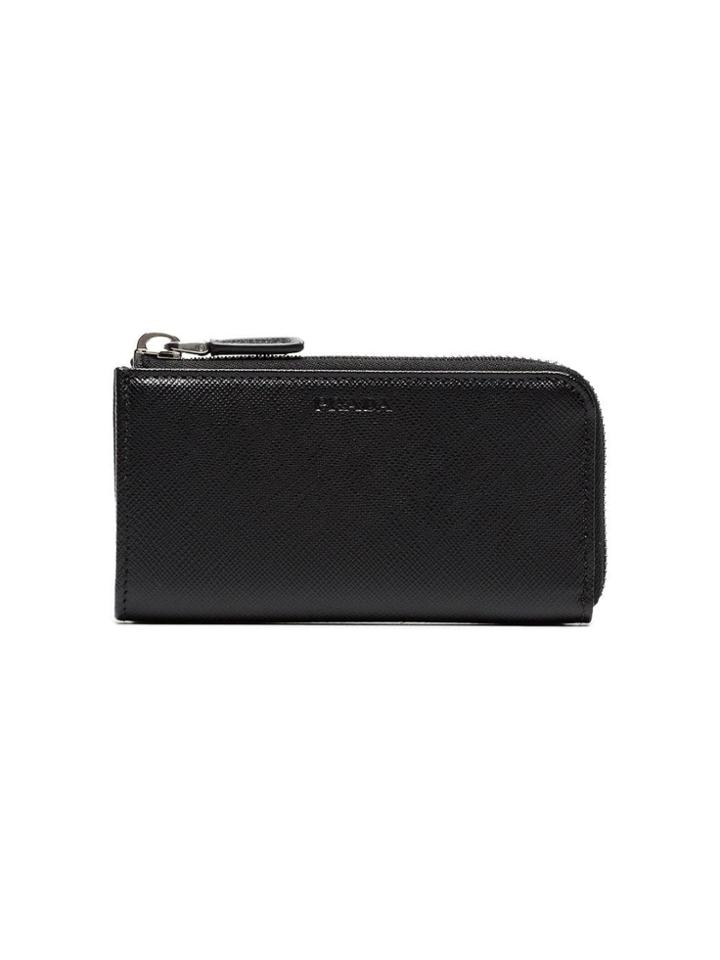 Prada Black Zip Logo Embossed Wallet