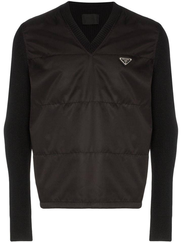 Prada Logo Plaque V-neck Jumper - Black