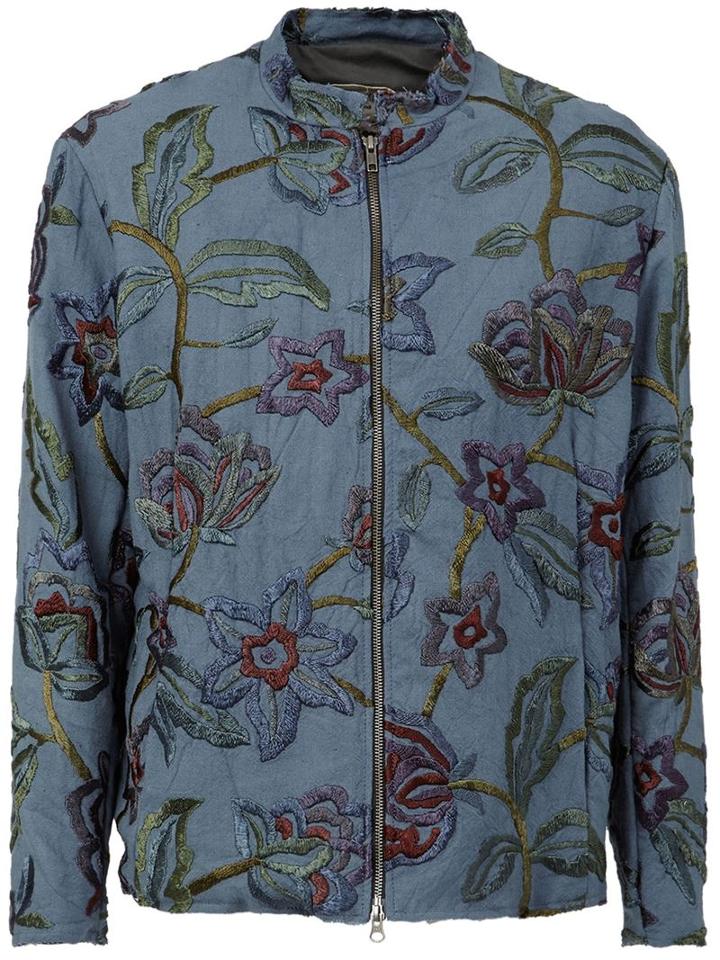 By Walid Floral Embroidered Zip Jacket, Men's, Size: Medium, Blue, Cotton