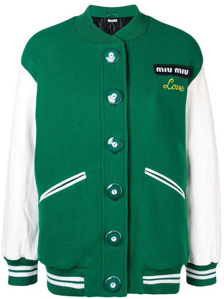 Miu Miu Oversized Embroidered Logo Bomber Jacket - Green