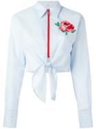 Au Jour Le Jour Floral Patch Zip Shirt, Size: 42, Blue, Cotton/pvc