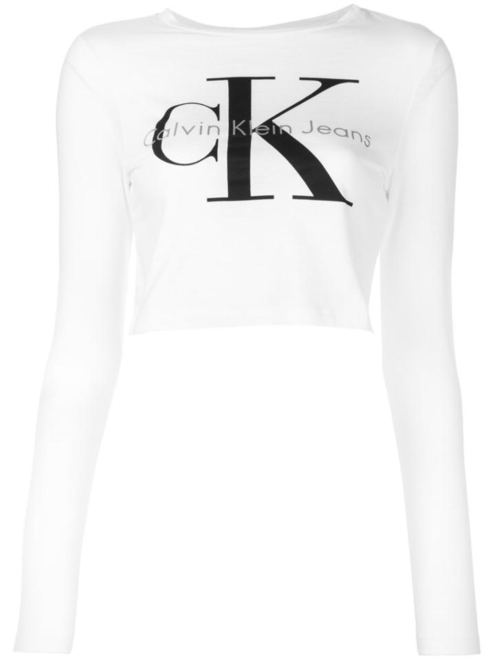 Ck Jeans - Cropped Long-sleeved Branded Top - Women - Cotton - S, White, Cotton