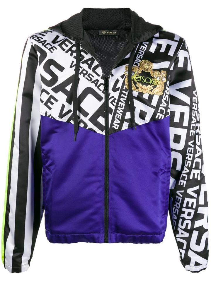 Versace Logo Print Zipped Hoodie - Blue