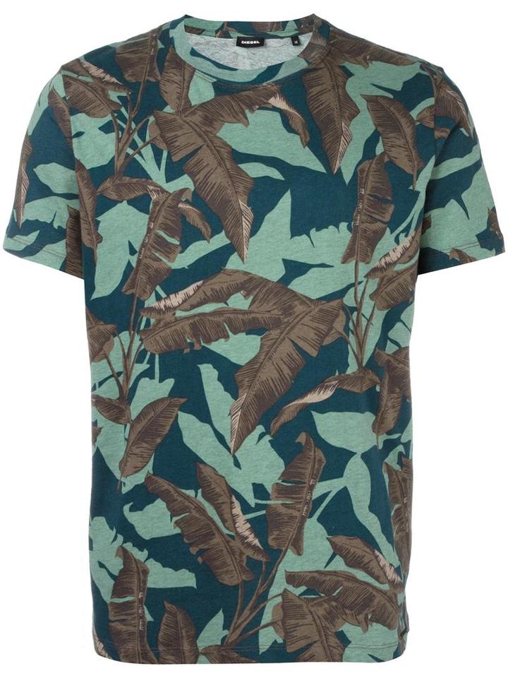 Diesel Feather Print T-shirt, Men's, Size: Large, Green, Cotton