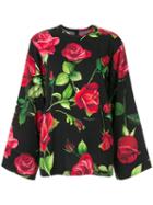 Dolce & Gabbana Wide Sleeve Rose Print Blouse - Black