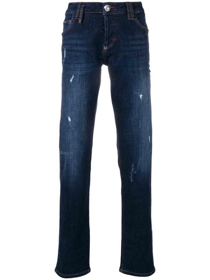 Philipp Plein Ripped Straight Leg Jeans - Blue