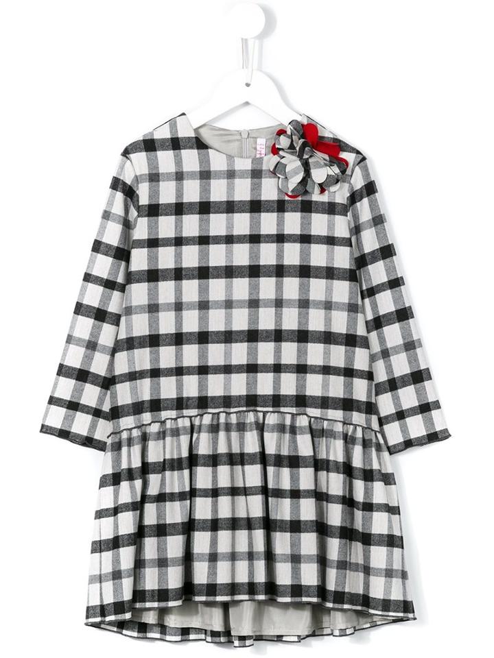 Il Gufo Flower Appliqué Check Dress, Girl's, Size: 10 Yrs, White