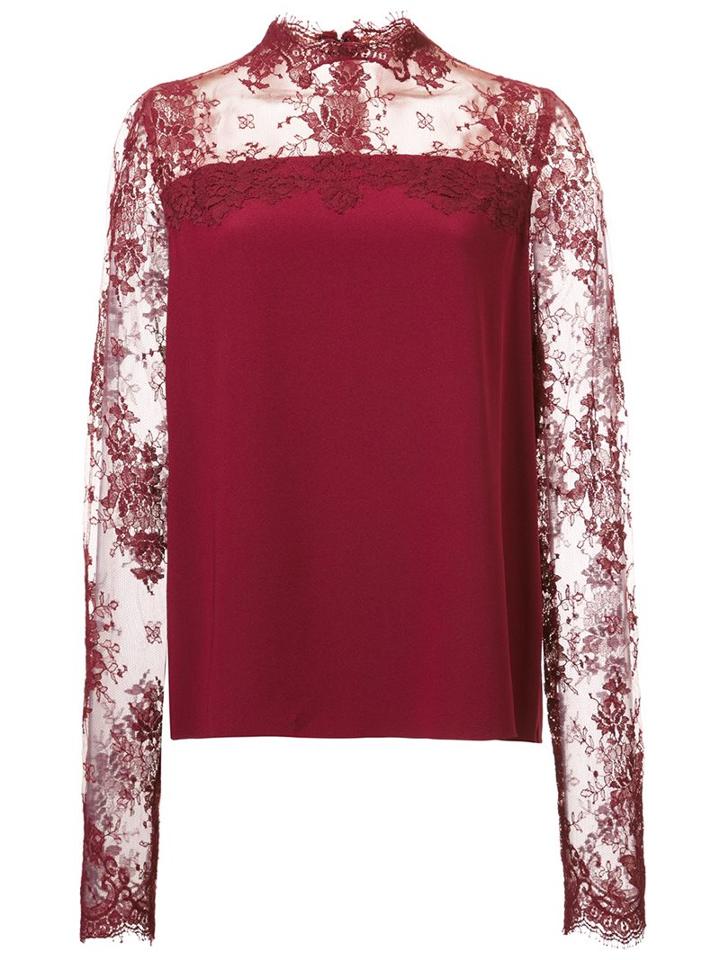 Monique Lhuillier Lace Panel Blouse, Women's, Size: 4, Red, Silk/cotton/nylon