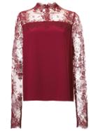 Monique Lhuillier Lace Panel Blouse, Women's, Size: 4, Red, Silk/cotton/nylon