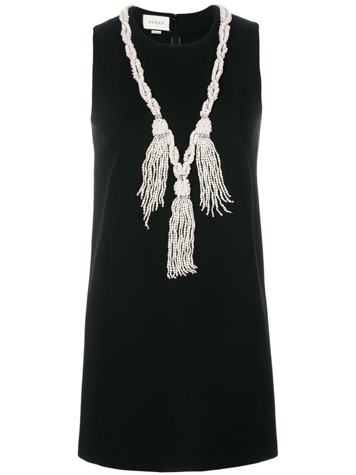 Gucci Pearl Tassel Neckline Mini Dress - Black
