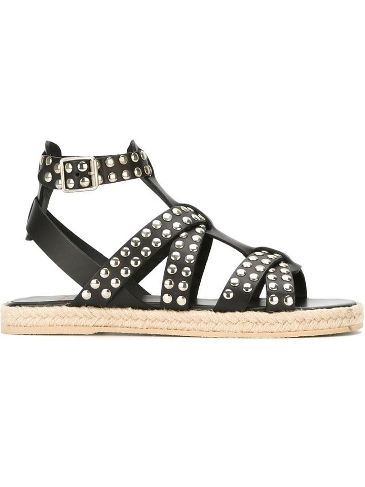 Saint Laurent Studded Open Toe Sandals, Women's, Size: 35, Black, Leather/raffia/rubber