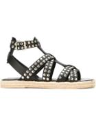 Saint Laurent Studded Open Toe Sandals, Women's, Size: 35, Black, Leather/raffia/rubber