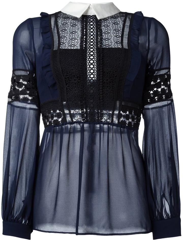Self-portrait Embroidered Sheer Blouse, Women's, Size: 8, Blue, Polyester/cotton