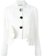 Marni Ruffle Detail Cropped Jacket, Women's, Size: 42, White, Cotton/polyamide/spandex/elastane