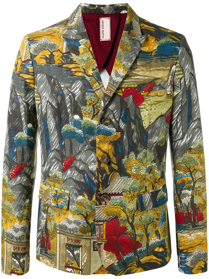 Antonio Marras Landscape Allover Print Blazer, Men's, Size: 48, Green, Cotton