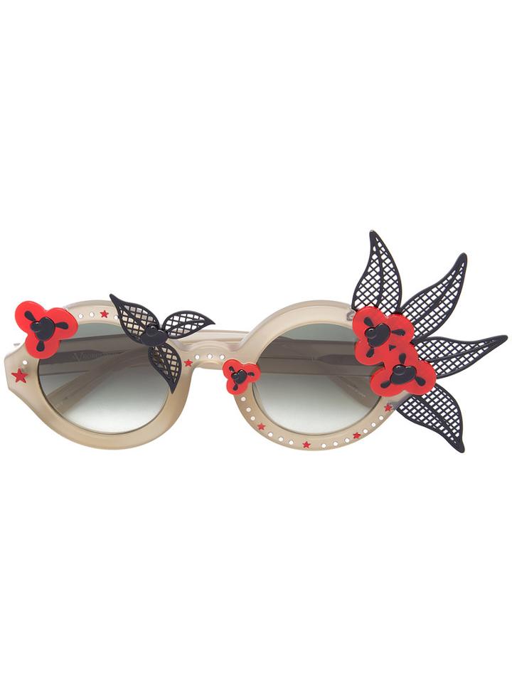 Linda Farrow Floral Motif Round Sunglasses, Women's, Green, Acetate/stainless Steel