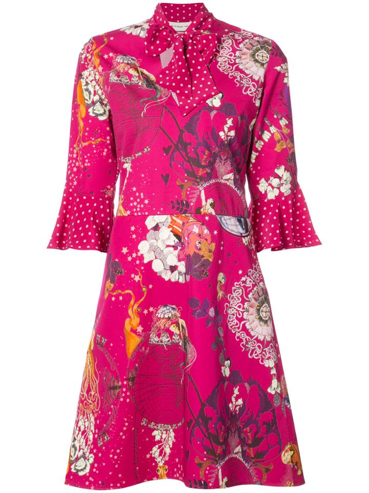 Etro Tied Neck Mixed Floral Dress - Pink & Purple