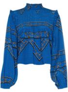 Ganni Cloverdale Pleat Detail Printed Silk Blouse - Blue