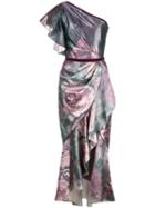 Marchesa Notte Shiny One-shoulder Floral Tea Length Dress - Purple