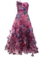 Marchesa Notte Floral Print Strapless Ball Gown - Pink & Purple