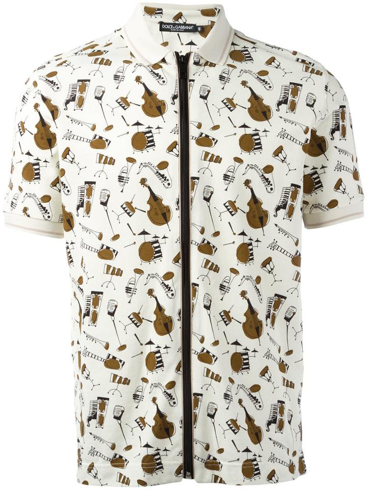 Dolce & Gabbana Musical Instrument Print Polo Shirt, Men's, Size: 50, White, Cotton/silk