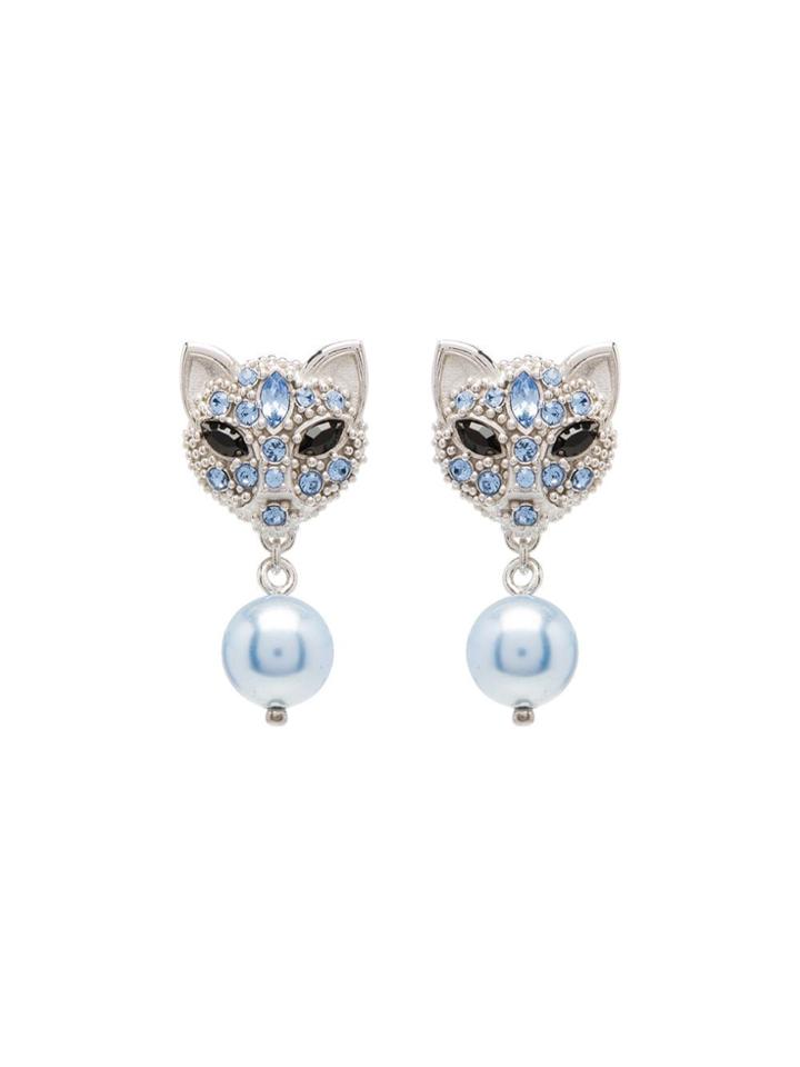 Miu Miu Silver Cat Earrings With Pearl - Blue
