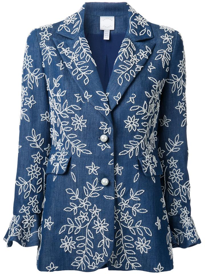 Huishan Zhang Embroidered Denim Blazer, Women's, Size: 10, Blue, Cotton