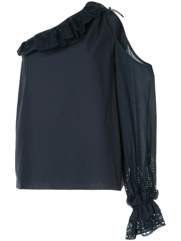 Goen.j Lace Ruffled One-shoulder Blouse - Blue