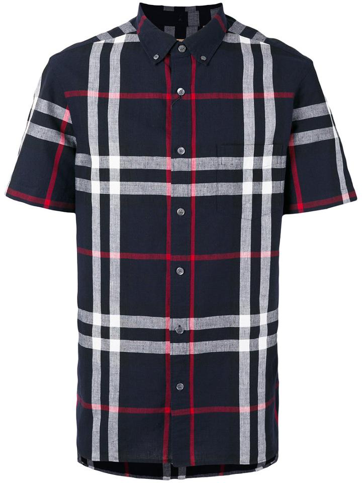 Burberry Shortsleeved Checked Shirt, Men's, Size: Xl, Blue, Cotton/linen/flax