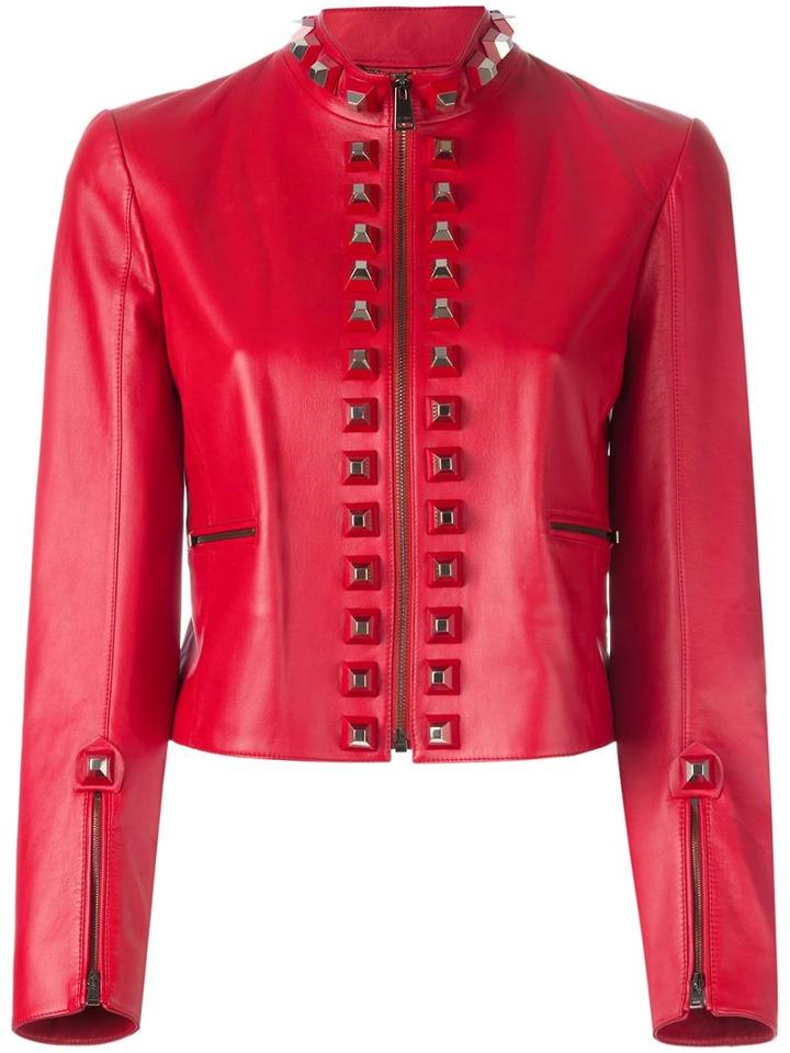 Fendi Pyramid Stud Jacket, Women's, Size: 40, Red, Lamb Skin/silk