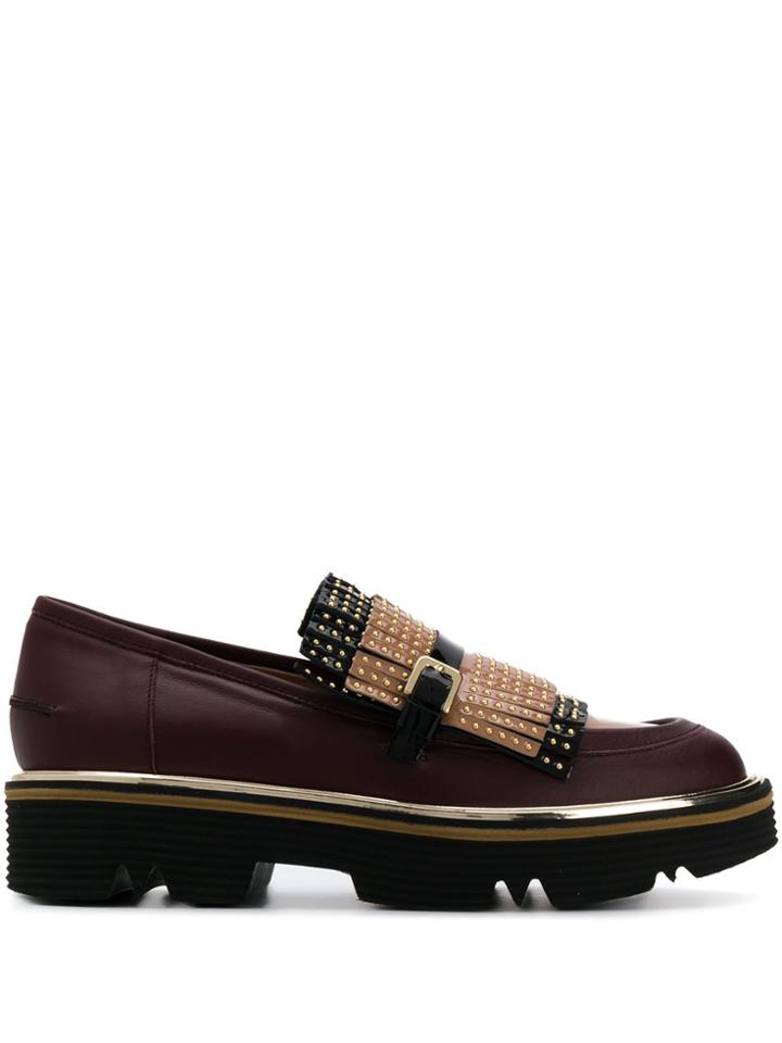 Pollini Studded Fringed Loafers - Red