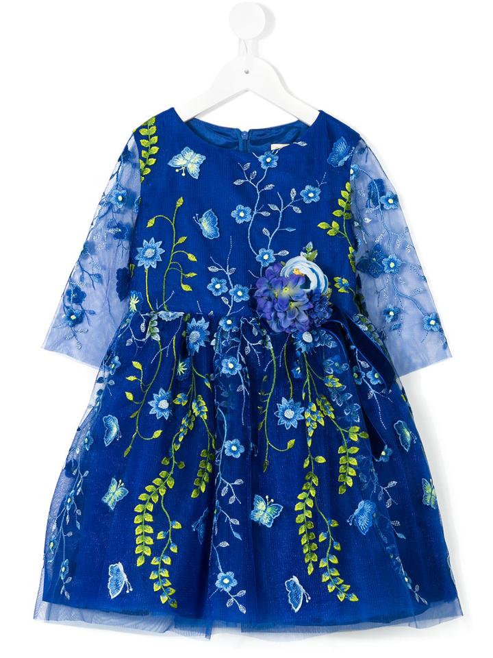 David Charles Kids - Embroidered Floral Dress - Kids - Polyester/acetate - 2 Yrs, Blue