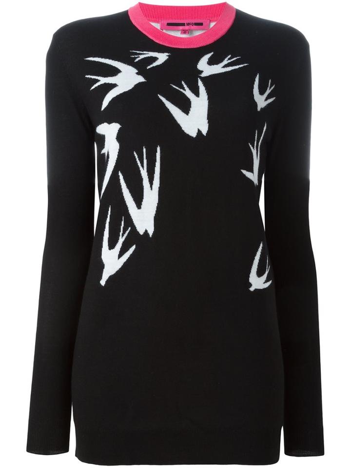 Mcq Alexander Mcqueen Swallow Intarsia Jumper, Women's, Size: Large, Black, Polyester/wool