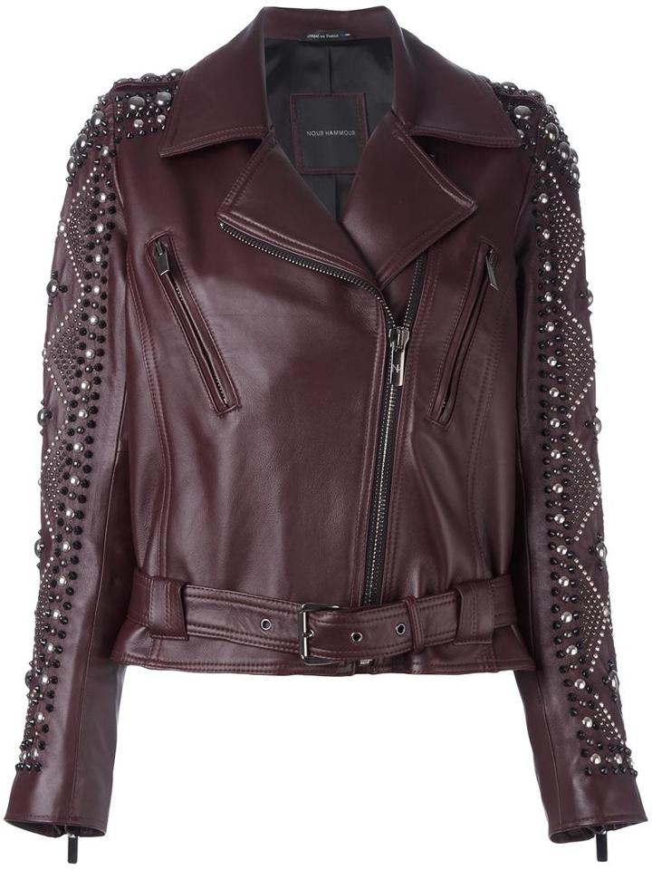 Nour Hammour Studded Sleeve Biker Jacket, Women's, Size: 40, Pink/purple, Lamb Skin/polyester