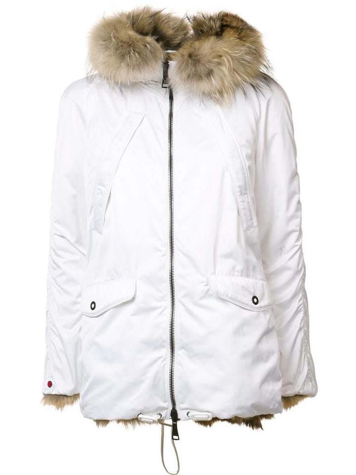 Kru Zipped Hooded Coat, Women's, Size: Xs, White, Racoon Fur/coyote Fur